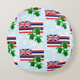 Hawaii Flag and Green Sea Turtles Floral Round Cushion