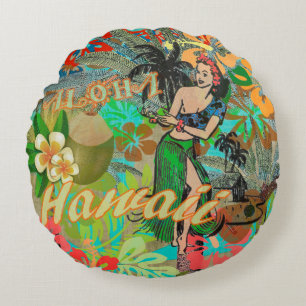 Hawaii Flower Hula Vintage Floral Graphic Round Cushion