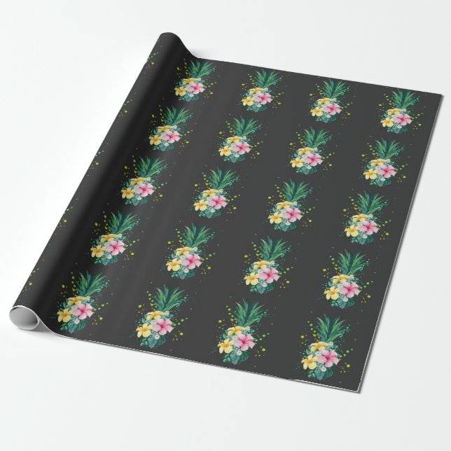 Hawaii Flower Pineapple Art Vacation Wrapping Paper (Unrolled)