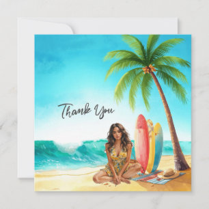 Hawaii Girl with Surf Board at the beach Thank You Card
