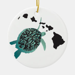 Hawaii green Sea Turtle and Hawaii Islands Ceramic Tree Decoration