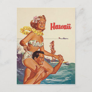 Hawaii, happy surfing couple, vintage travel postcard