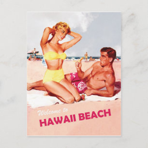 Hawaii, happy surfing couple, vintage travel postcard