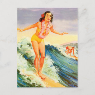 Hawaii, Hawaian surfer girl on a big wave, vintage Postcard