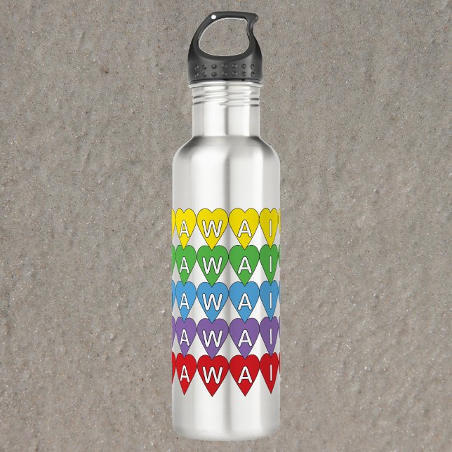Hawaii Heart Pattern Rainbow 710 Ml Water Bottle (A water bottle that says Hawaii with yellow, green, blue, purple and red hearts)