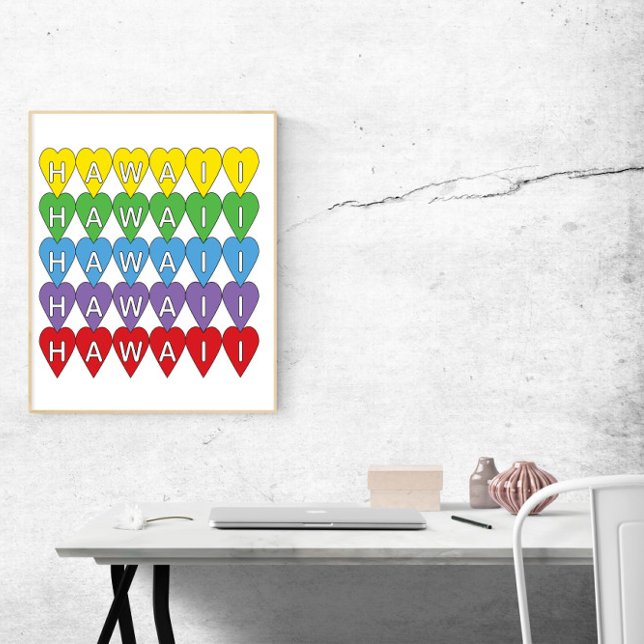 Hawaii Hearts Rainbow Poster (A poster that says Hawaii with yellow, green, blue, purple and red hearts)