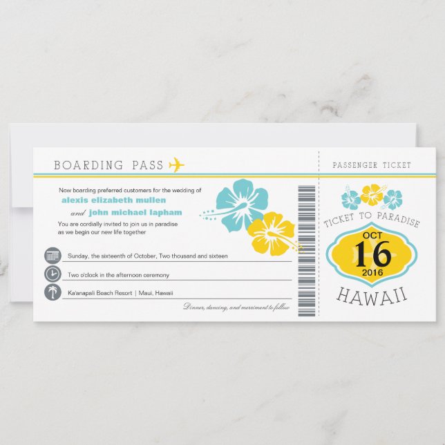 Hawaii Hibiscus Boarding Pass Wedding Invitation (Front)