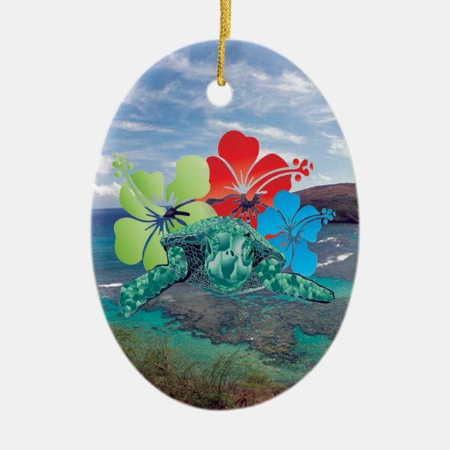 Hawaii Hibiscus Flowers and Turtle Ceramic Tree Decoration (Front)