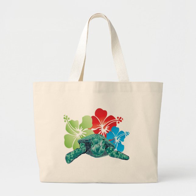 Hawaii Hibiscus Turtle Large Tote Bag (Front)