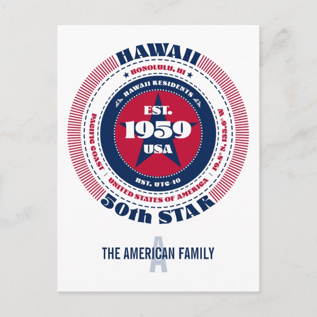 Hawaii, Honolulu, HI, Patriotic, Monogram Postcard (Front)