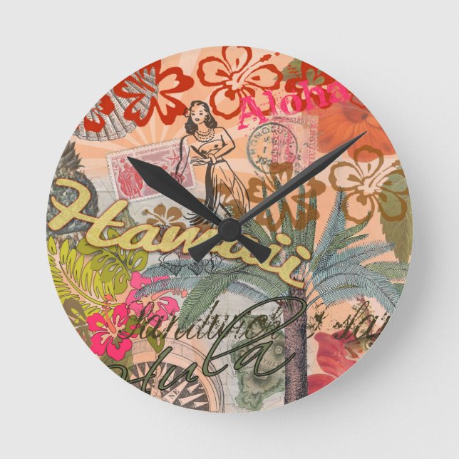 Hawaii Hula Travel Flower Vintage Round Clock (Front)