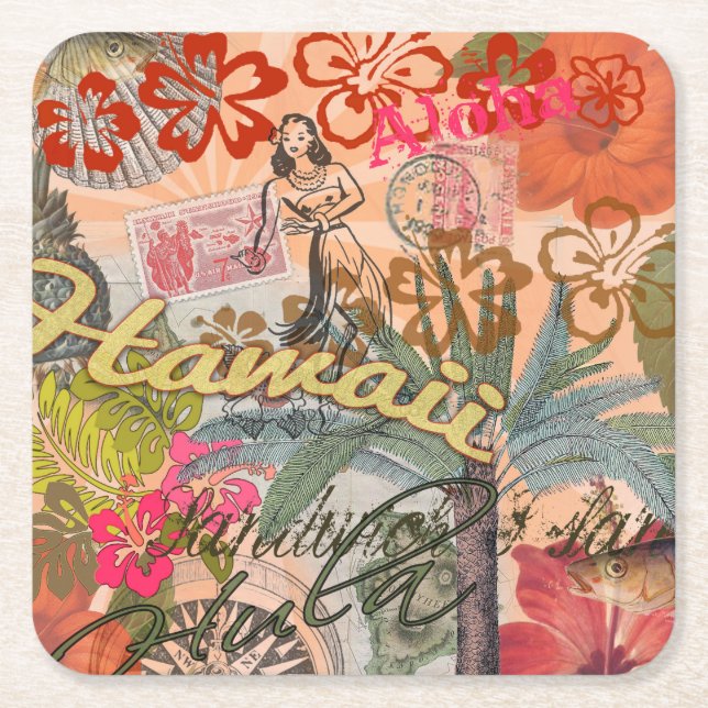 Hawaii Hula Travel Flower Vintage Square Paper Coaster (Front)