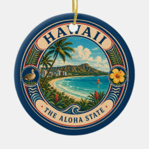 Hawaii Landscape Illustration Travel Art Badge Ceramic Tree Decoration