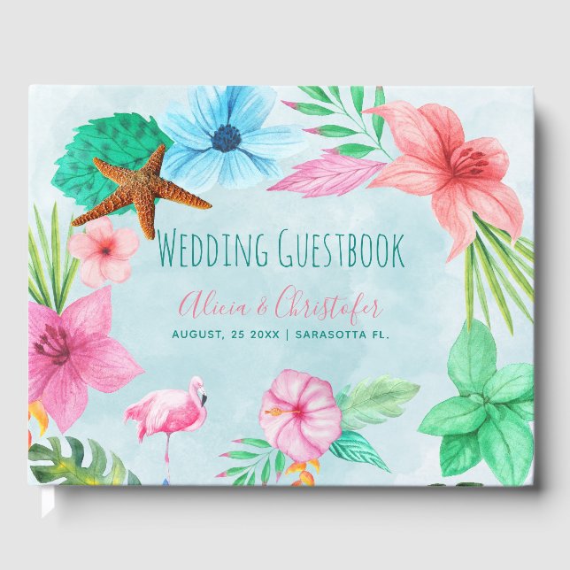 Hawaii luau floral tropical wreath beach wedding guest book (Front)