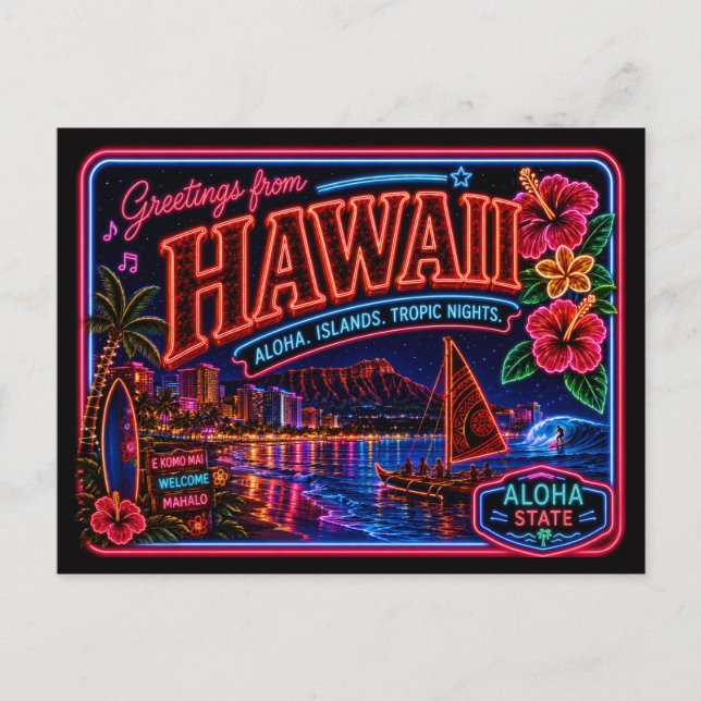 Hawaii Neon State Retro Vintage Postcard (Front)