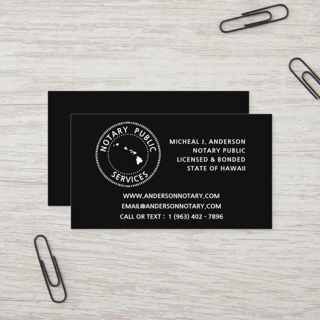 Hawaii Notary Public Services Business Card (Front/Back In Situ)