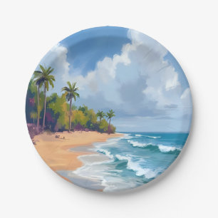 Hawaii Ocean Shore Watercolor Painting Beach Paper Plate
