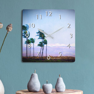 Hawaii palm trees & purple hills landscape photo square wall clock