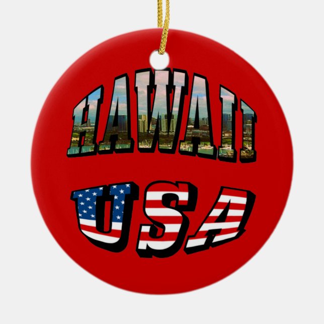 Hawaii Picture and USA Flag Text Ceramic Tree Decoration (Front)