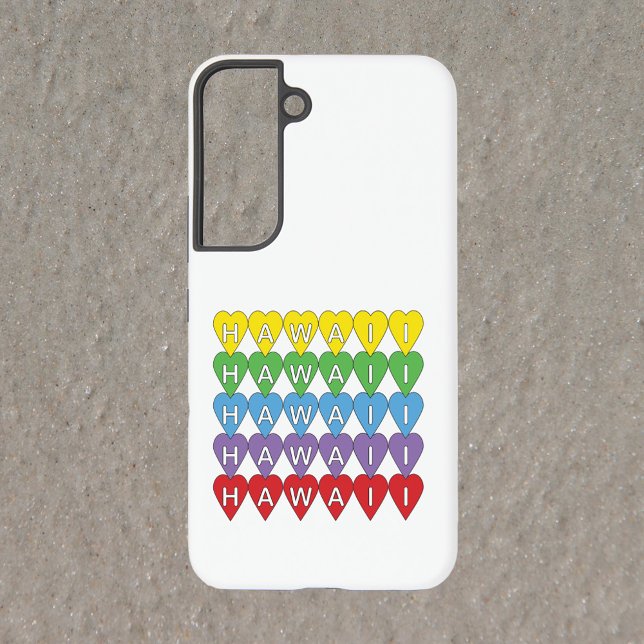 Hawaii Rainbow Hearts Samsung Galaxy S22 Case (A phone that says Hawaii with yellow, green, blue, purple and red hearts)