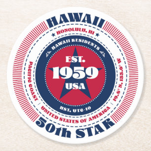 Hawaii Red White Blue Typography Round Paper Coaster