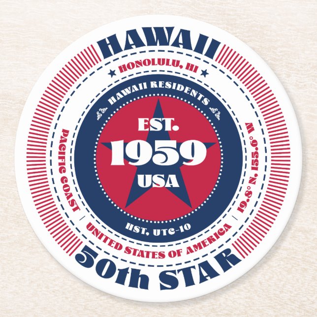 Hawaii Red White Blue Typography Round Paper Coaster (Front)