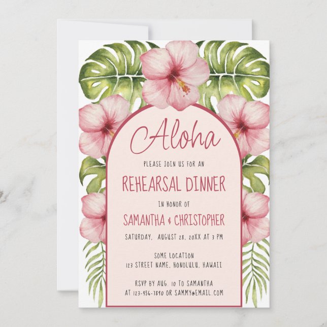 Hawaii Rehearsal Dinner Aloha Tropical Floral Pink Invitation (Front)