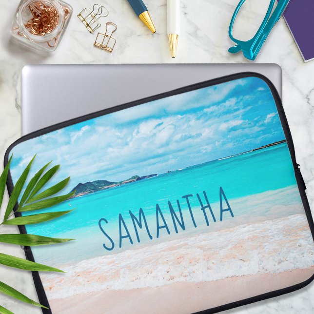 Hawaii Sandy Beach Blue Ocean Photo Custom Name Laptop Sleeve (Creator Uploaded)