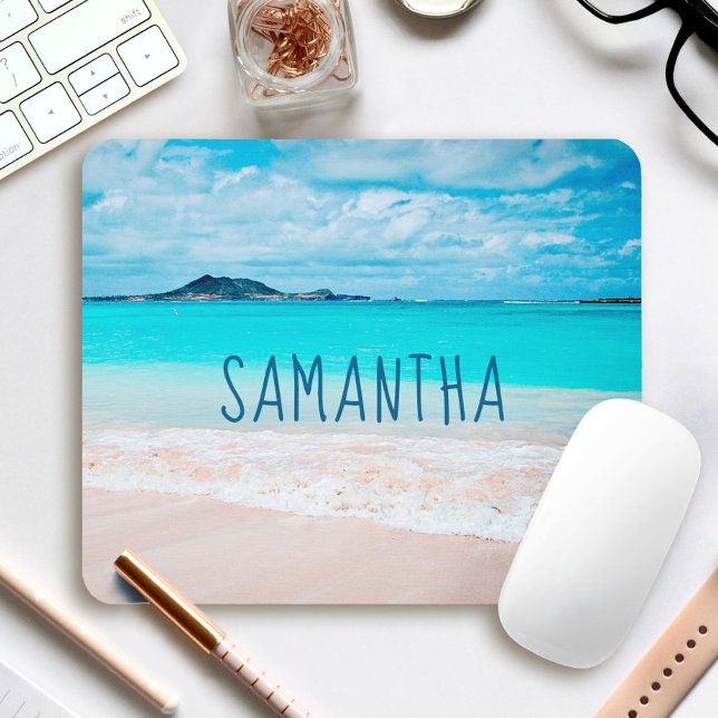 Hawaii Sandy Beach Blue Ocean Photo Custom Name Mouse Pad (Creator Uploaded)