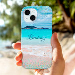 Hawaii Sandy Beach Ocean Blue Gold Confetti Name iPhone 15 Case<br><div class="desc">Think of summer each time you use this personalised name cell phone case. Enjoy the solitude of an empty Hawaii beach with this stunning, vibrantly-coloured coastal photo, tipped with tiny, sparkly turquoise blue and gold, glam confetti dots. Makes a great gift for someone special! Just type in the name of...</div>