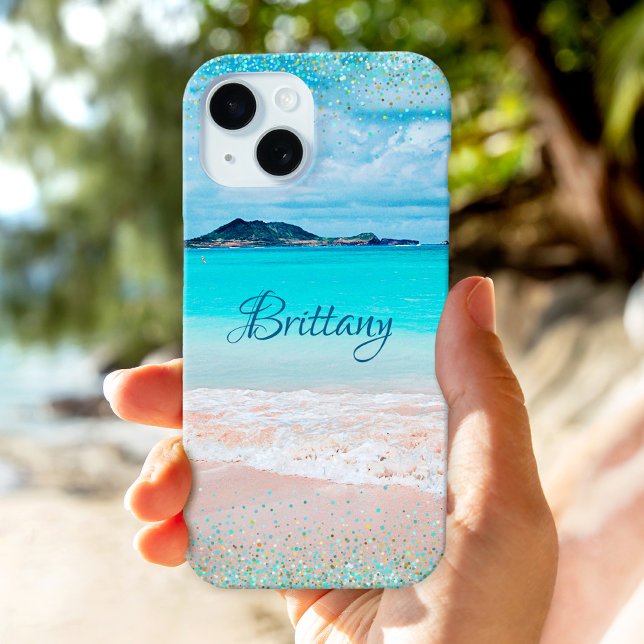 Hawaii Sandy Beach Ocean Blue Gold Confetti Name Case-Mate iPhone Case (Creator Uploaded)