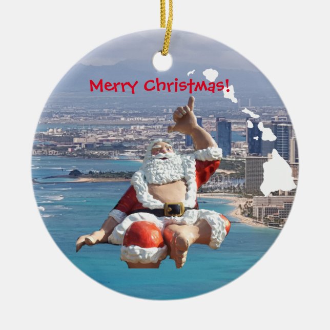 Hawaii Santa and Honolulu Ceramic Tree Decoration (Front)