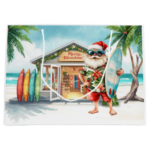 Hawaii Santa Claus is holding surf board Christmas Large Gift Bag