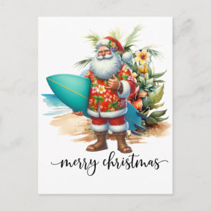 Hawaii Santa Claus is holding surf board Christmas Postcard