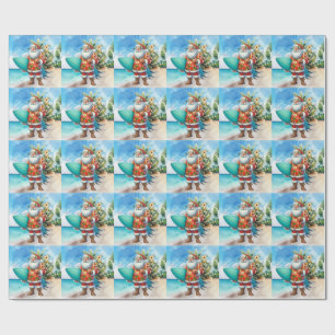 Hawaii Santa Claus is holding surf board Christmas Wrapping Paper