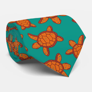 Hawaii Sea Turtle Patterned Blue and Orange Aloha Tie
