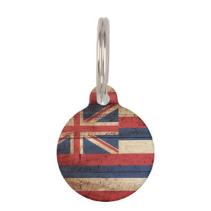 Hawaii State Flag on Old Wood Grain Pet Tag