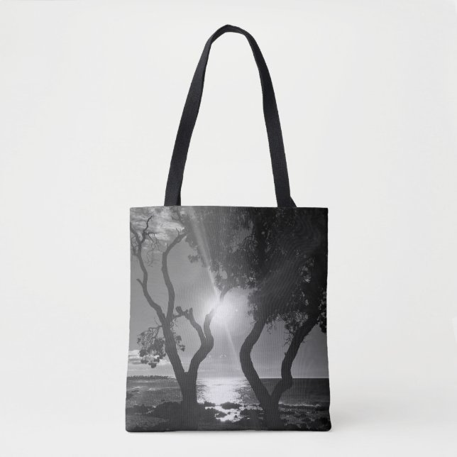 Hawaii Sunlit Trees Shore Black and White Photo Tote Bag (Front)