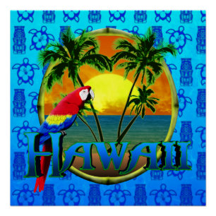Hawaii Sunset Blue Tiki Poster