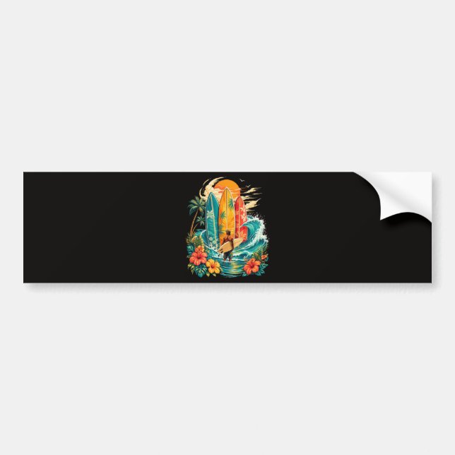 Hawaii Surfboard Wave Beach Surfer Vintage Bumper Sticker (Front)