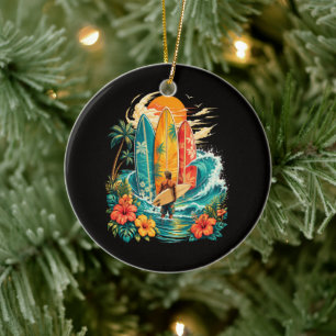 Hawaii Surfboard Wave Beach Surfer Vintage Ceramic Tree Decoration
