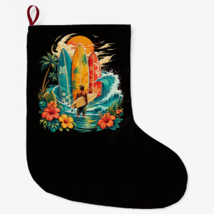 Hawaii Surfboard Wave Beach Surfer Vintage Large Christmas Stocking