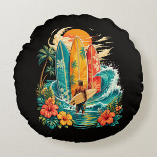 Hawaii Surfboard Wave Beach Surfer Vintage Round Cushion