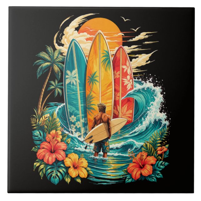 Hawaii Surfboard Wave Beach Surfer Vintage Tile (Front)