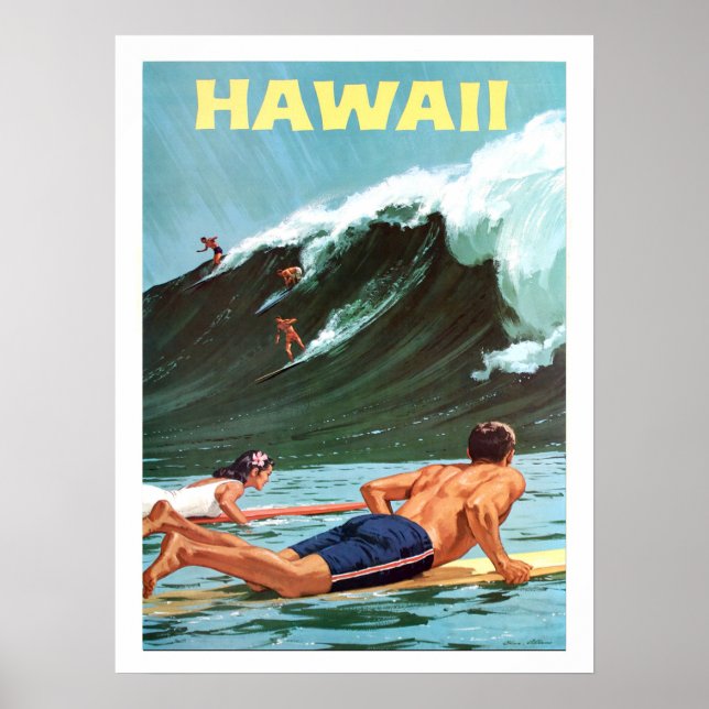 Hawaii, surfing, big wave, vintage travel poster (Front)