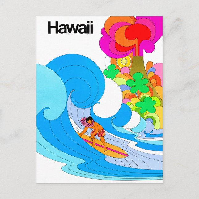 Hawaii, Surfing on big wave, sixties illustration Postcard (Front)