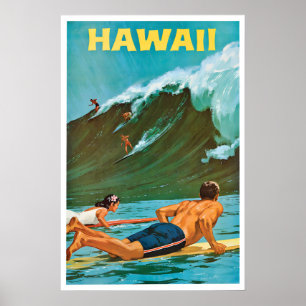 Hawaii Surfing Poster Vintage Travel Wall Art