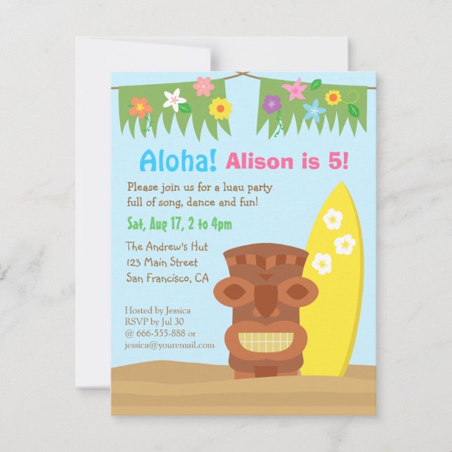 Hawaii Tiki Luau Beach Theme Birthday Party Invitation (Front)