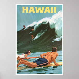 Hawaii Travel Poster Vintage Hawaiian Surfing Art