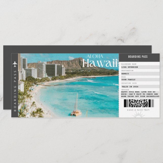 Hawaii Trip Boarding Pass Travel Vacation Ticket Invitation (Front/Back)